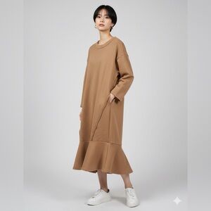 We Fashion Camel Tan Super Fleece Flutter HeSweatshirt Midi Dress Size M/L